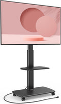 FITUEYES Rolling TV Stand with Power Outlets, Swivel Portable TV Stand for 32-70 Inch LCD LED OLED Flat/Curved Panel Screen TVs, Height Adjustable&Wood Base, Mobile TV Cart with Shelf, Black