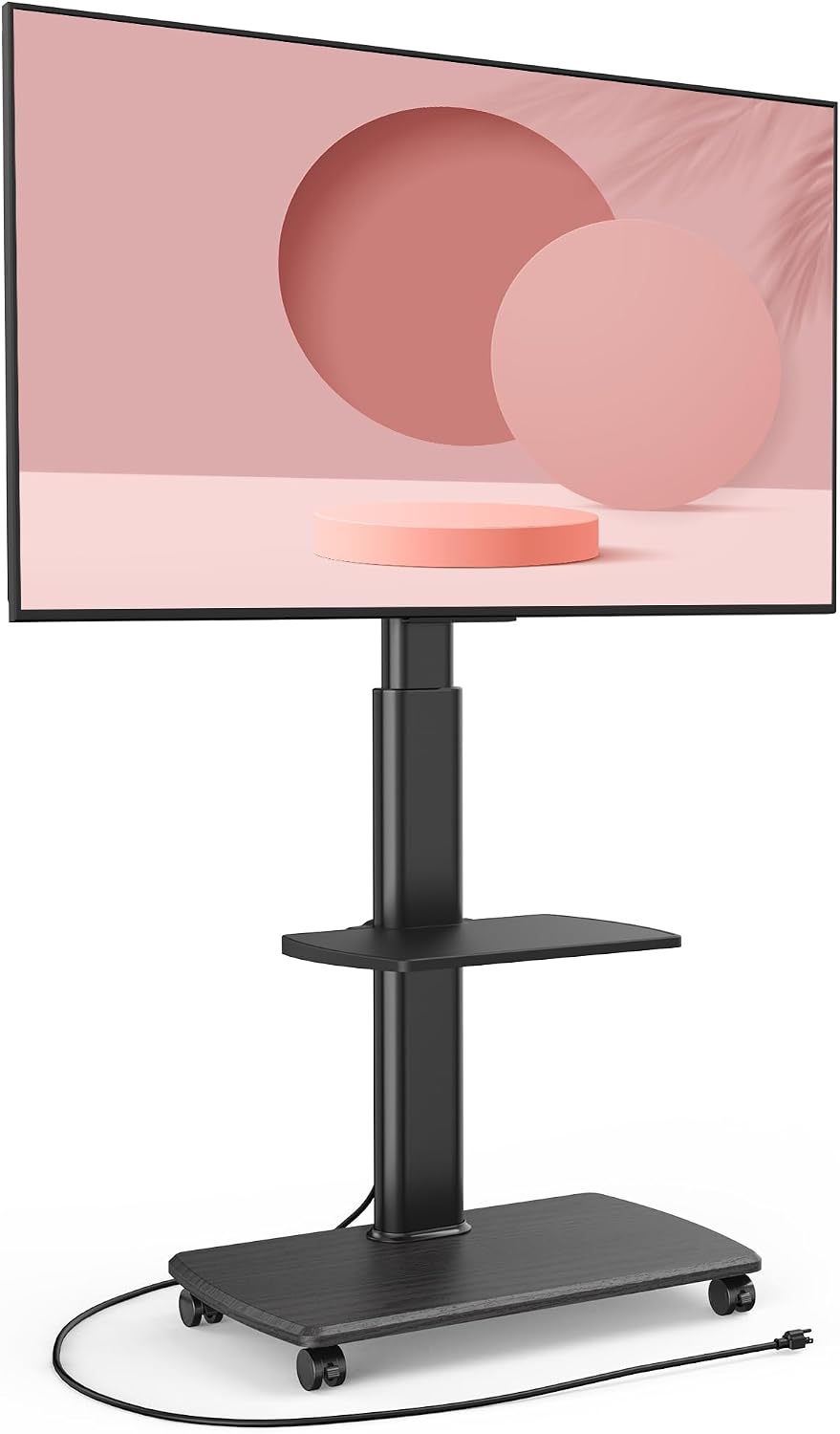 FITUEYES Rolling TV Stand with Power Outlets, Swivel Portable TV Stand for 32-70 Inch LCD LED OLED Flat/Curved Panel Screen TVs, Height Adjustable&Wood Base, Mobile TV Cart with Shelf, Black