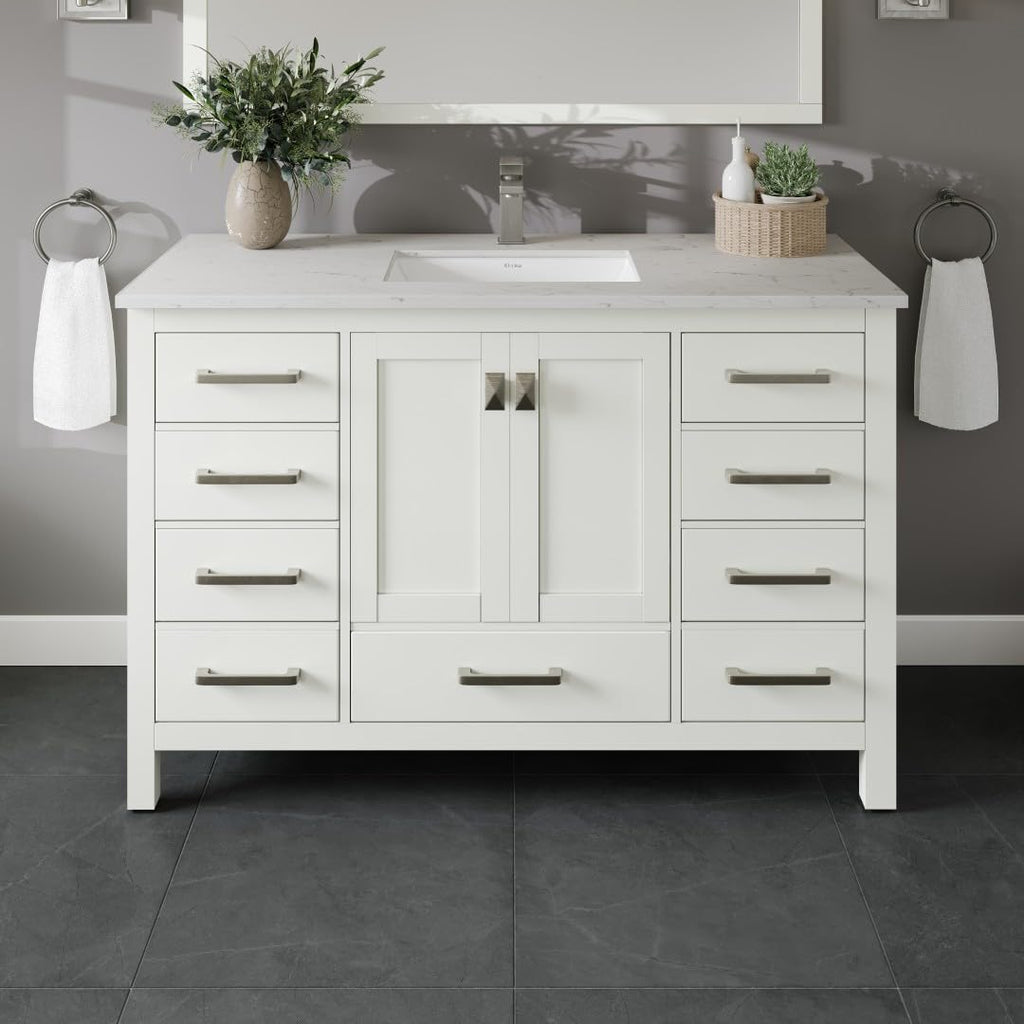 Eviva London 48 White Bath Vanity - Freestanding Countertop Quartz - Single Sink Bathroom Vanity with Porcelain Sink Combo