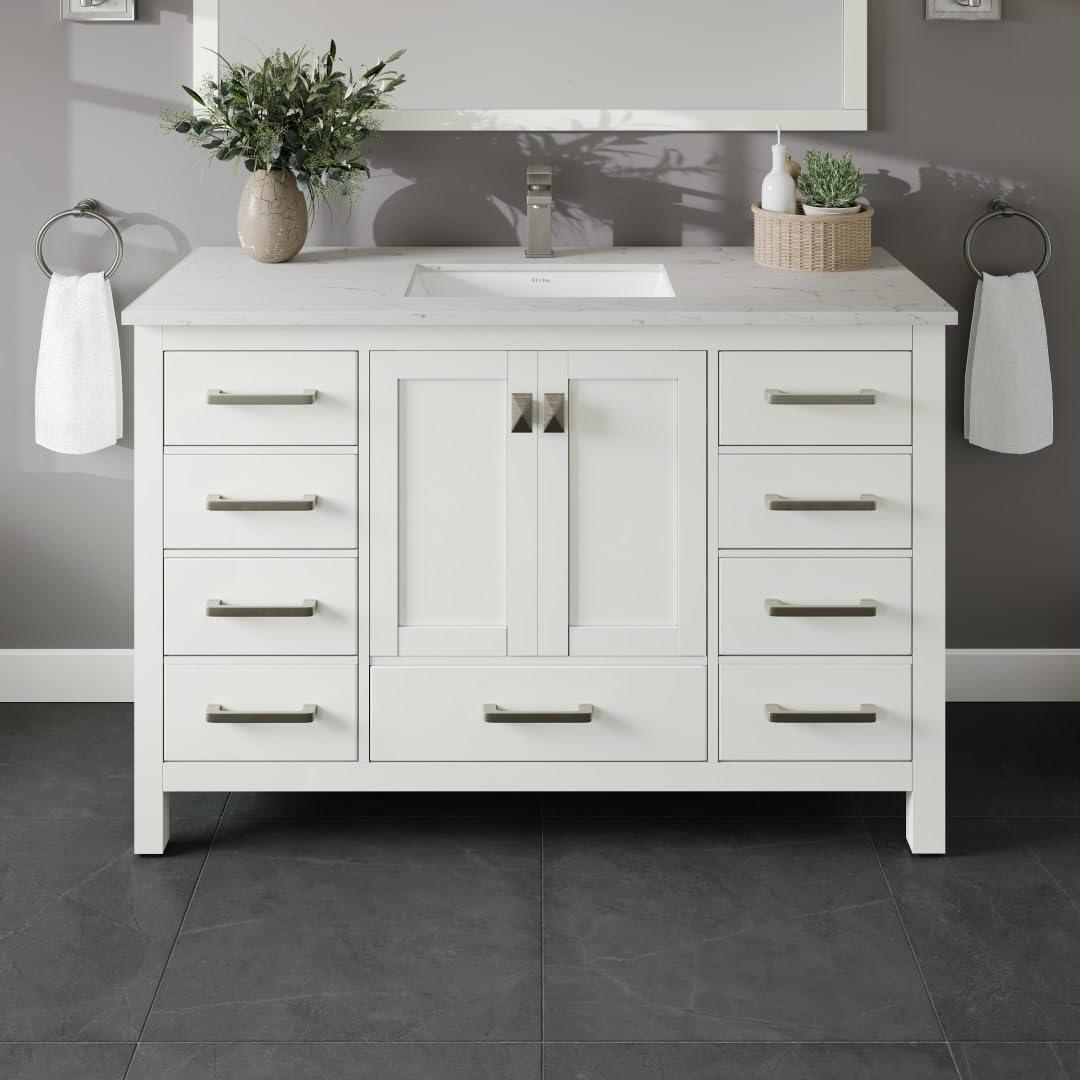 Eviva London 48 White Bath Vanity - Freestanding Countertop Quartz - Single Sink Bathroom Vanity with Porcelain Sink Combo