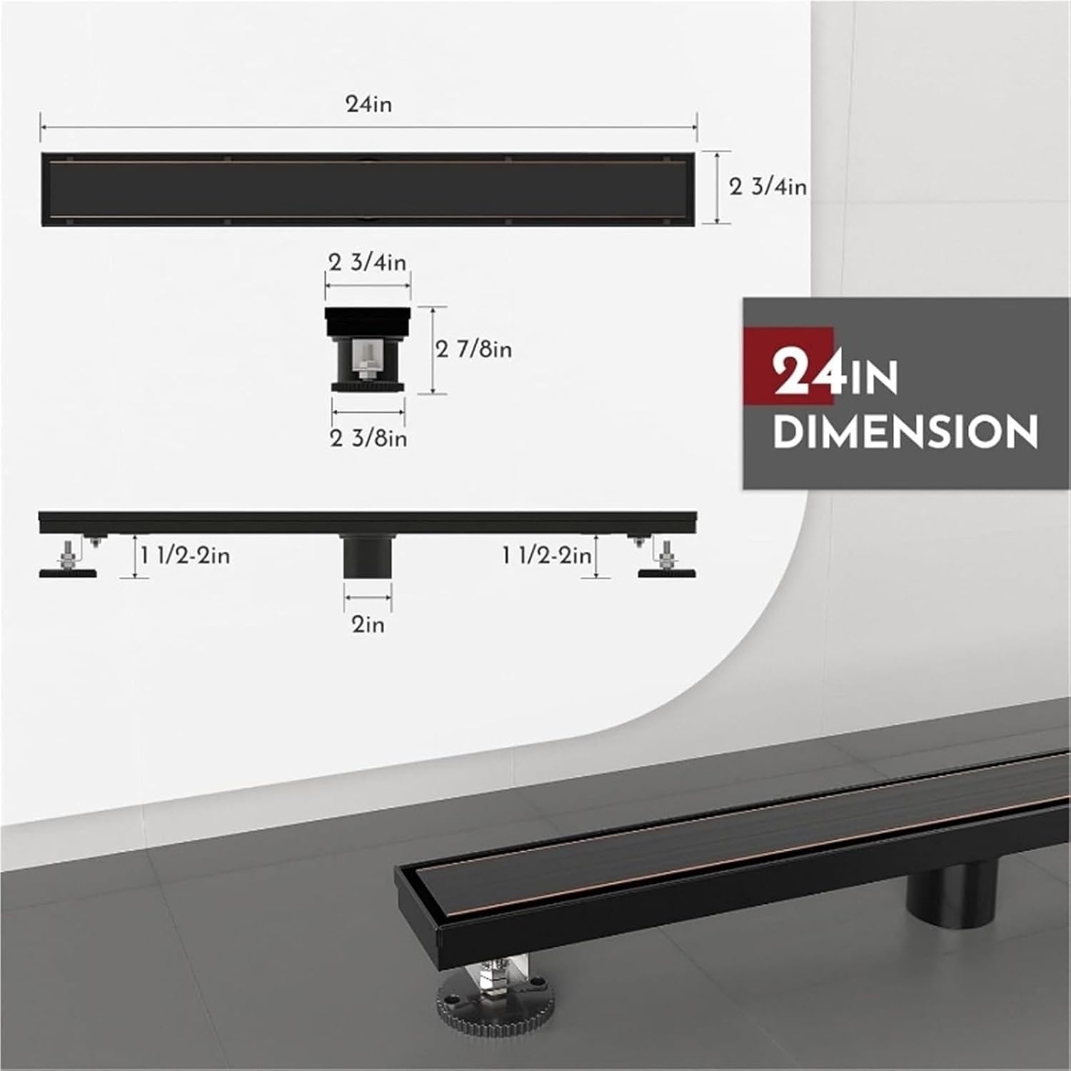 24 Inch Shower Linear Drain Rectangular Floor Drain Insert Grate Removable Shower Drain(Matte Black 24Inch) (Oil Rubbed Bronze 24inch)
