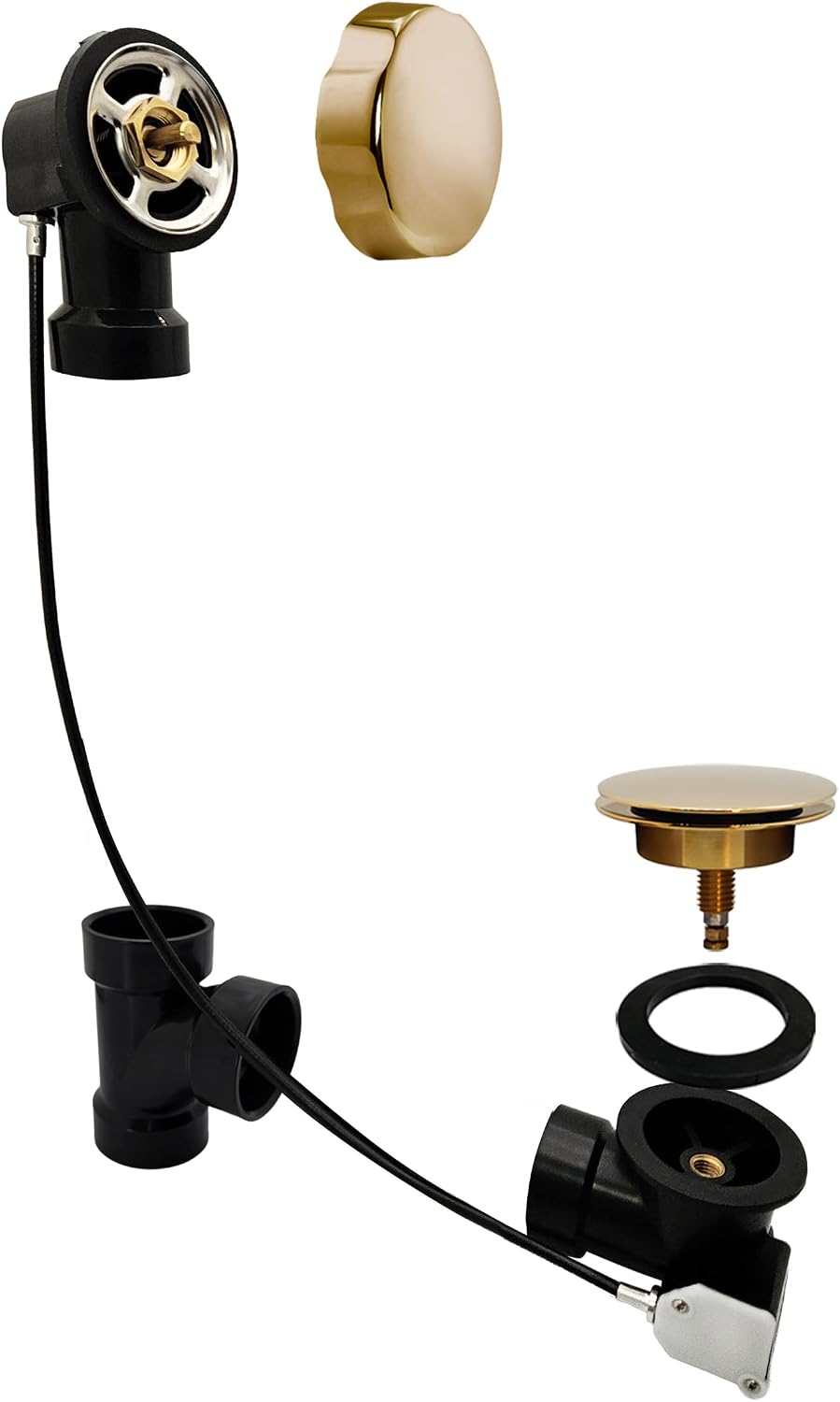 Westbrass A50A35-01 35' SCH. 40 ABS Cable Driven Bath Drain Trim Kit with Rotary Overflow Cover Knob and Pop-Up Stopper, Polished Brass