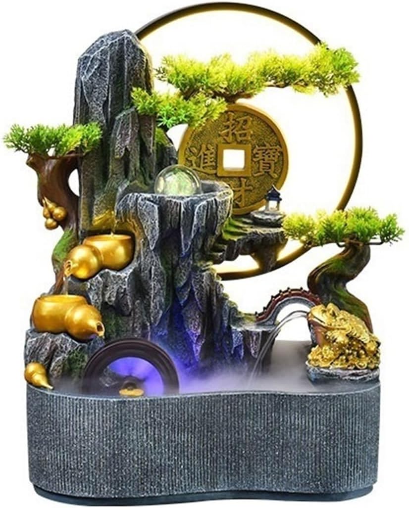 Tabletop Fountain Indoor Water Features Rockery Waterfall Plants Desktop Fountain for Relaxation(Large)
