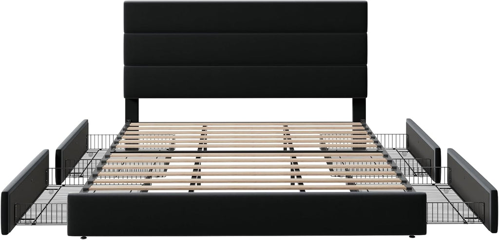 Allewie Modern King Size Platform Bed Frame with 4 Storage Drawers and Velvet Upholstered Headboard, Wooden Slats Support, Upholstered Mattress Foundation/No Box Spring Needed/Easy Assembly, Black