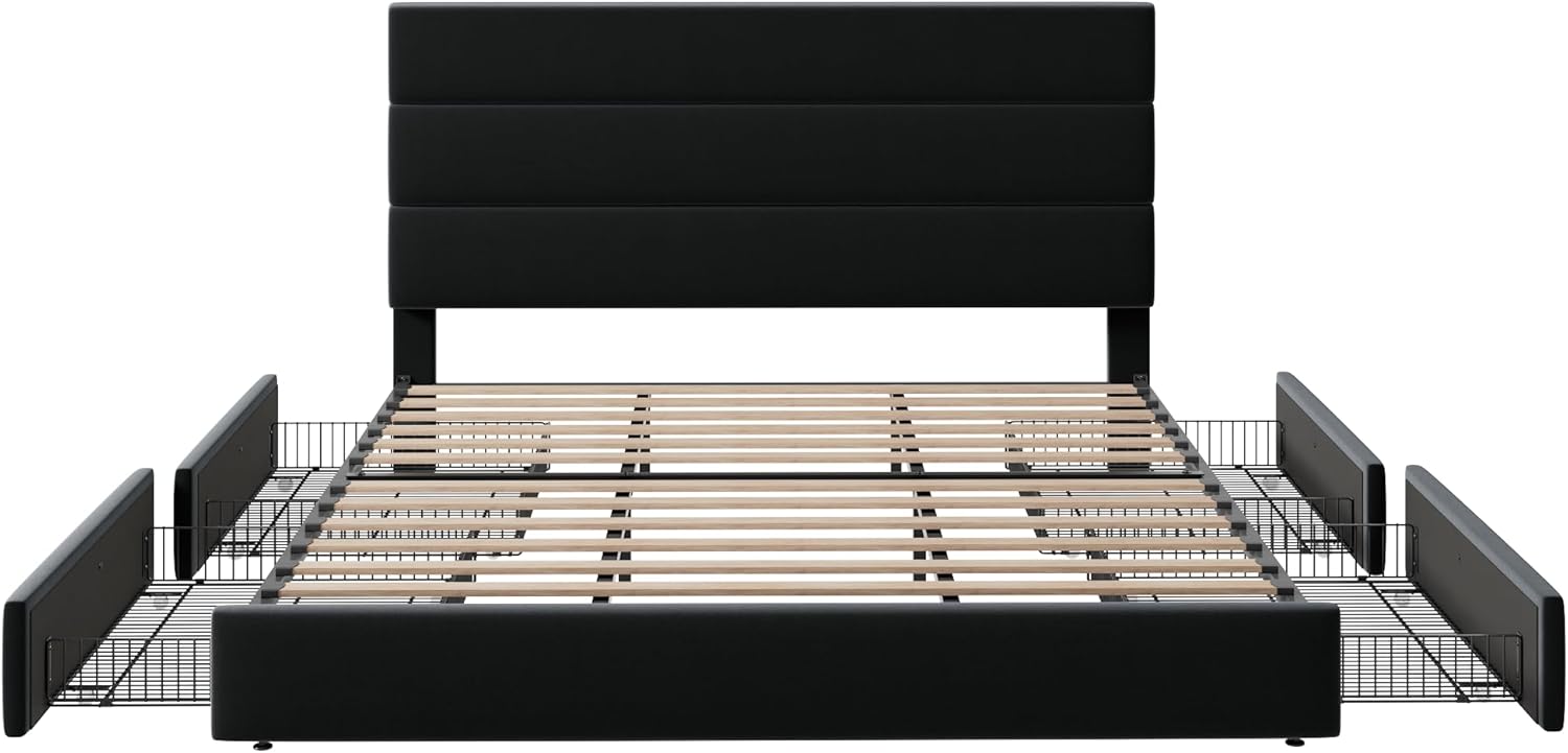 Allewie Modern King Size Platform Bed Frame with 4 Storage Drawers and Velvet Upholstered Headboard, Wooden Slats Support, Upholstered Mattress Foundation/No Box Spring Needed/Easy Assembly, Black