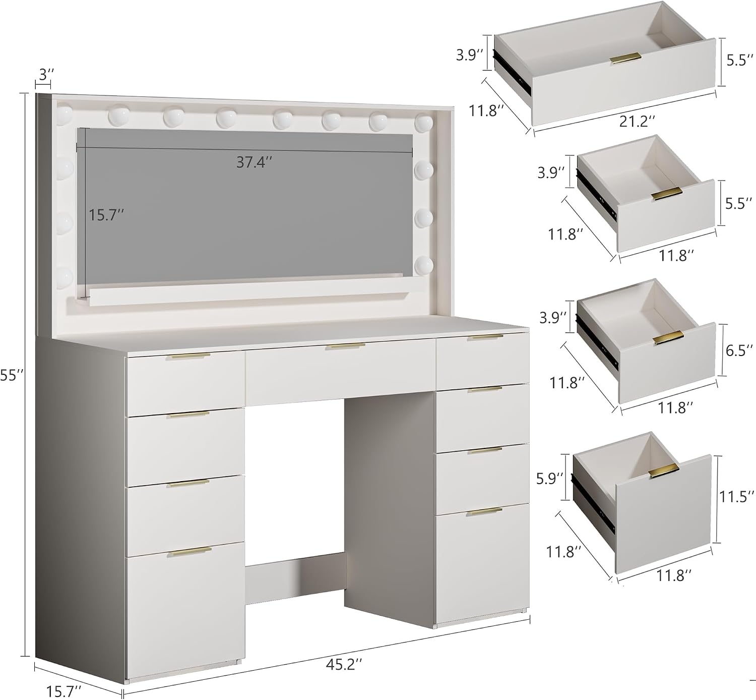 ALEXNUTRE Vanity Desk with Large Mirror and Lights, 45.3in Makeup Vanity with Power Outlet 9 Drawers & Storage, 3 Lighting Color Adjustable, White Vanity Desk for Bedroom