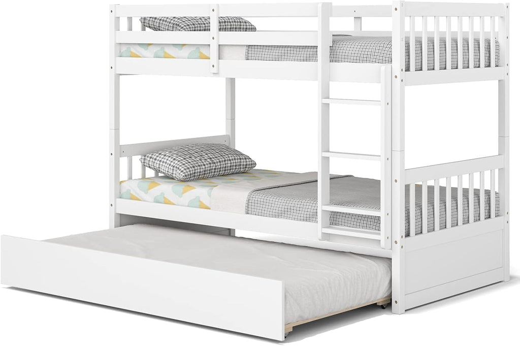 KOMFOTT Wood Twin Over Twin Bunk Bed with Trundle, Solid Pine Wood Bunk Bed Frame with Ladder & Safety Guardrails, Space-Saving Convertible Twin Bed Frame for Home & Dormitory, No Box Spring Needed