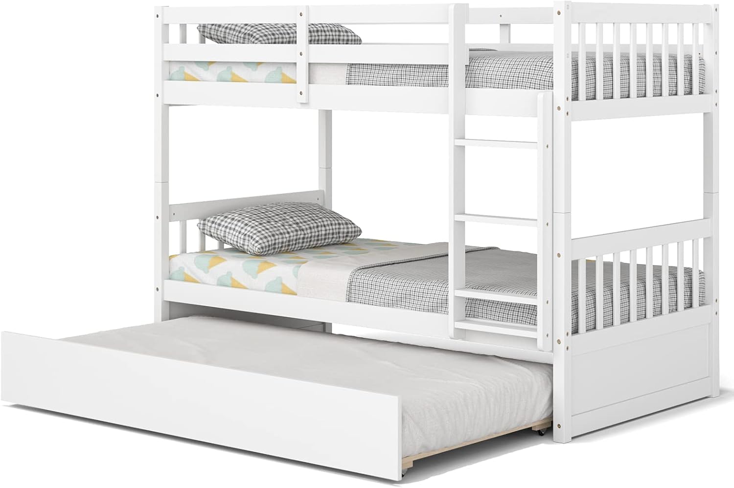 KOMFOTT Wood Twin Over Twin Bunk Bed with Trundle, Solid Pine Wood Bunk Bed Frame with Ladder & Safety Guardrails, Space-Saving Convertible Twin Bed Frame for Home & Dormitory, No Box Spring Needed