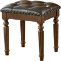 Black Faux Leather Vanity Stool – Small Tufted Bench with Nailhead Trim & Leatherette Seat, Carved Walnut-Finish Solid Wood Legs, Black Backless Makeup Stool for Bedroom