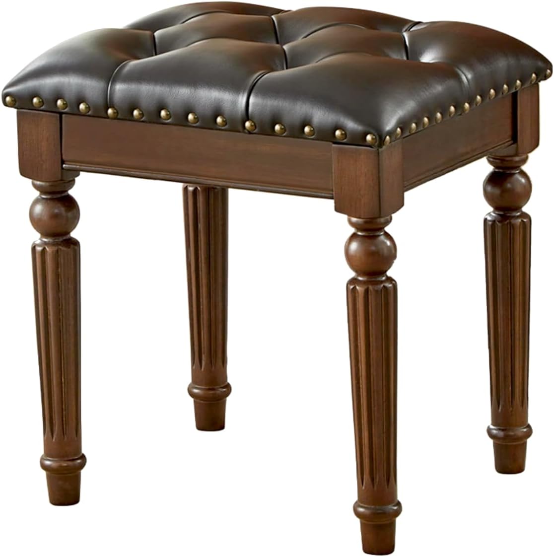 Black Faux Leather Vanity Stool – Small Tufted Bench with Nailhead Trim & Leatherette Seat, Carved Walnut-Finish Solid Wood Legs, Black Backless Makeup Stool for Bedroom