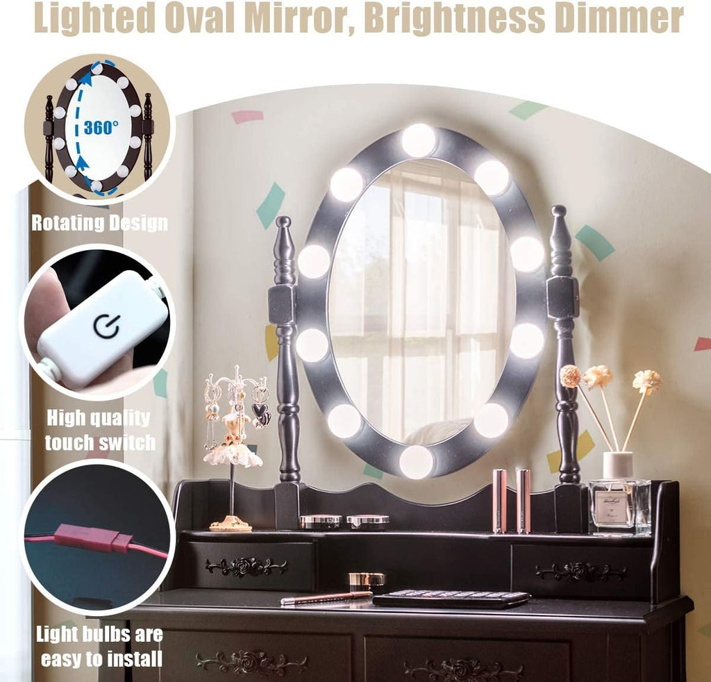 Giantex Makeup Vanity Table with 10 LED Lights, Adjustable Brightness, 3 Color Light Modes, 4 Drawers, Rotatable Mirror, Cushioned Stool, Vanity Desk Dressing Table Bedroom Furniture (Espresso)