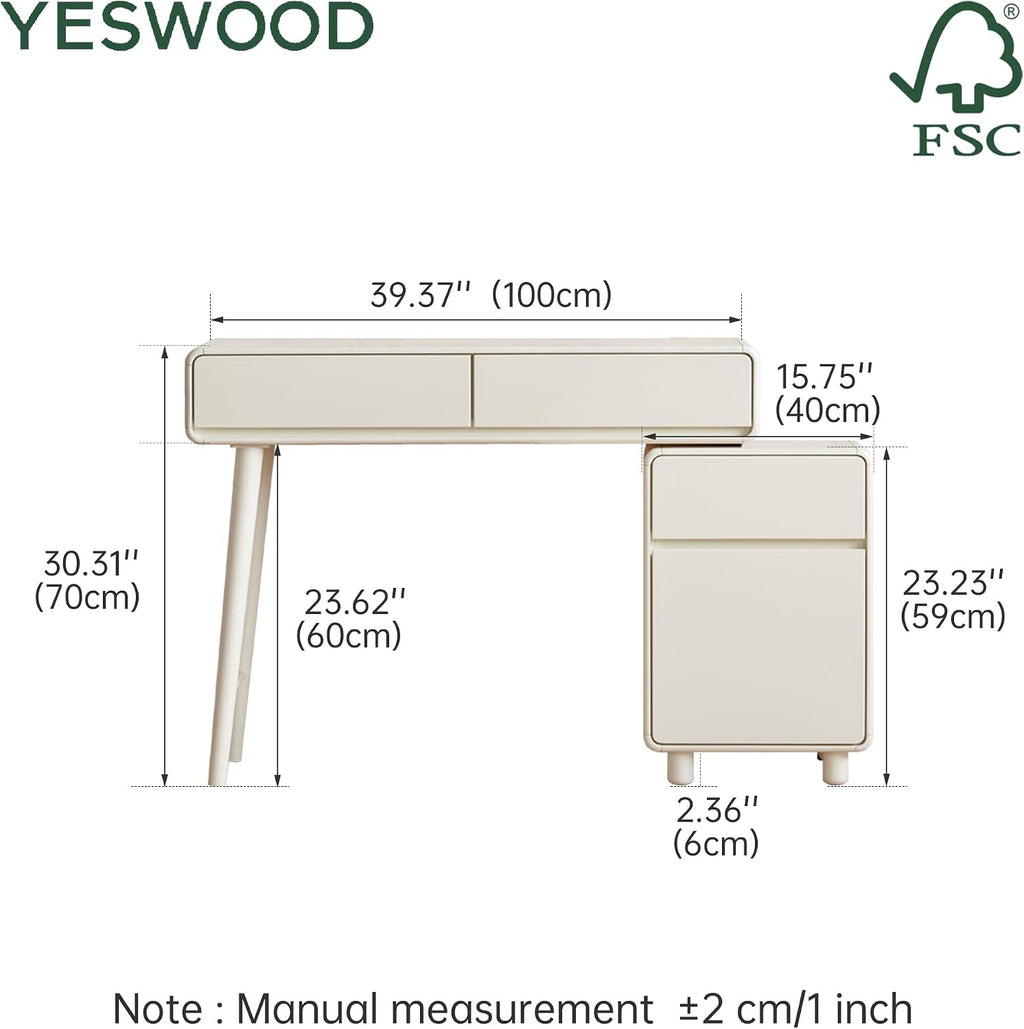 YESWOOD Extendable Makeup Vanity Desk, Solid Rubber Wood Dressing Table with Cabinet, Makeup Desk and Vanity Table for Bedroom, White, No Chair and No Mirror