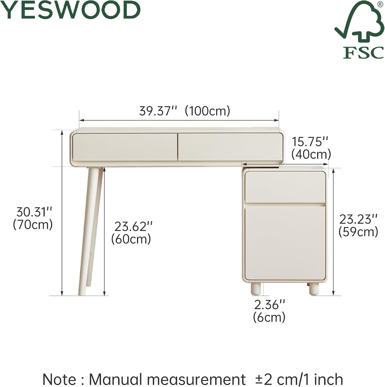YESWOOD Extendable Makeup Vanity Desk, Solid Rubber Wood Dressing Table with Cabinet, Makeup Desk and Vanity Table for Bedroom, White, No Chair and No Mirror