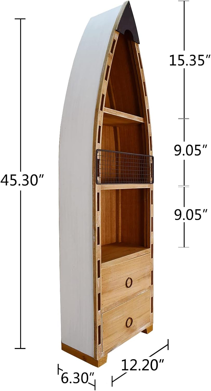 Morning View Wood Boat Cabinet, Rustic Nautical Decor, 2 Shelves & 2 Drawers, 45.3 Inch