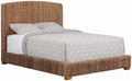 BOWERY HILL Farmhouse Wood Queen Panel Bed, Amber Brown and Honey Finish, Banana Leaf Upholstered Mahogany Frame, Solid Mahogany Legs, Tropical Style Bedroom Furniture, 55 in H x 67 in W x 88.25 in D