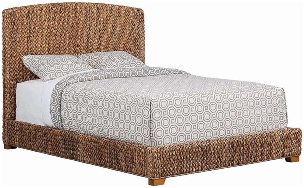BOWERY HILL Farmhouse Wood Queen Panel Bed, Amber Brown and Honey Finish, Banana Leaf Upholstered Mahogany Frame, Solid Mahogany Legs, Tropical Style Bedroom Furniture, 55 in H x 67 in W x 88.25 in D