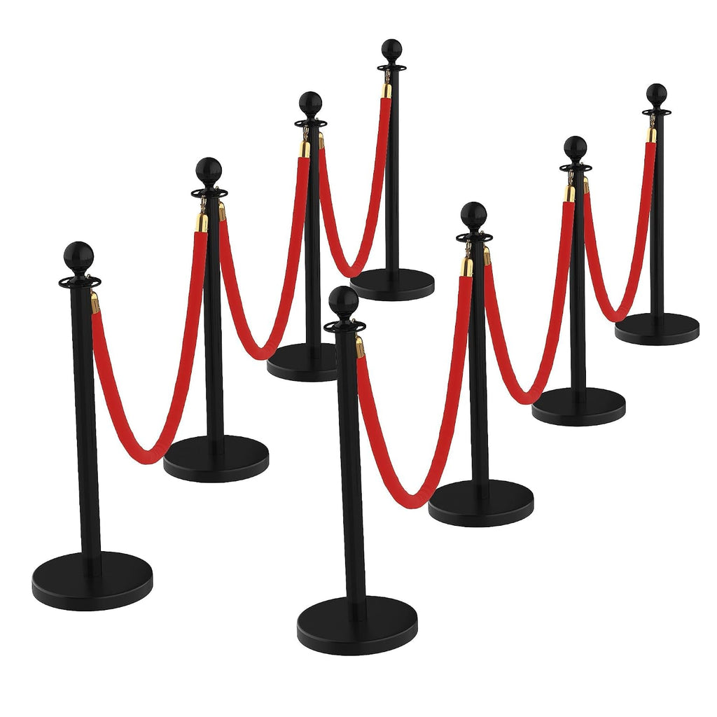 8Pcs Stanchions and Velvet Ropes with 15ft Red Carpet,Complete Crowd Control Barriers Set with 6 Red Velvet Ropes & Stainless Steel Posts for Party, Wedding, Event Supplies,Black