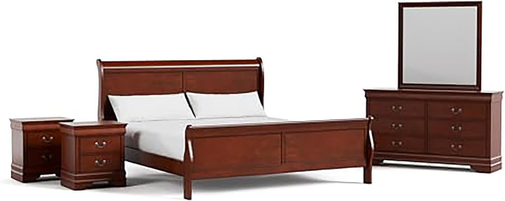 Furniture of America Arabella Traditional Solid Wood 5 Piece Bedroom Set with King Bed Frame, Nightstands, Dresser with Mirror, Storage and Organization, Bedframe Box Spring Needed, Cherry