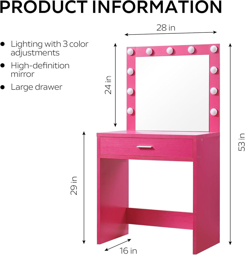 Palimder Vanity Desk with Lamp Bulb Mirror Drawers,Vanity Storage Bench,Makeup Vanities Table for Bedroom,Rose Red