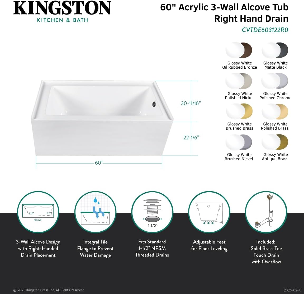 Aqua Eden CVTDE603122R5 60' Acrylic Rectangular 3-Wall Alcove Tub, Right Hand Drain, Glossy White/Oil Rubbed Bronze