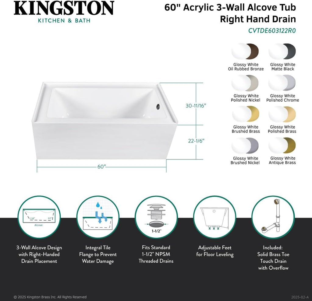 Aqua Eden CVTDE603122R7 60' Acrylic Rectangular 3-Wall Alcove Tub, Right Hand Drain, Glossy White/Brushed Brass