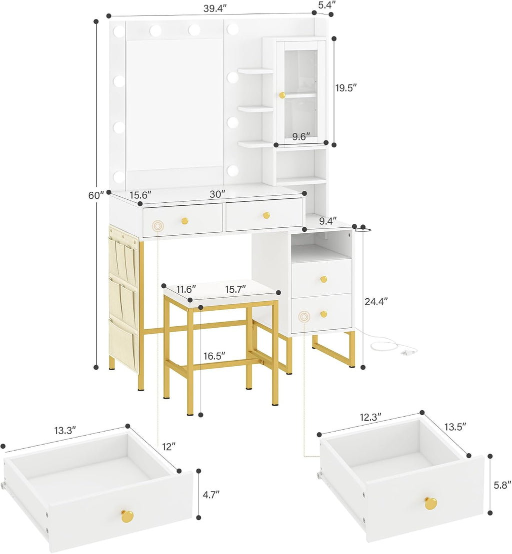 YIKEHOME 41' W Vanity Desk with Mirror, Makeup Vanity Set with Power Outlet and Comfortable Bench, Women Vanity for Bedroom White