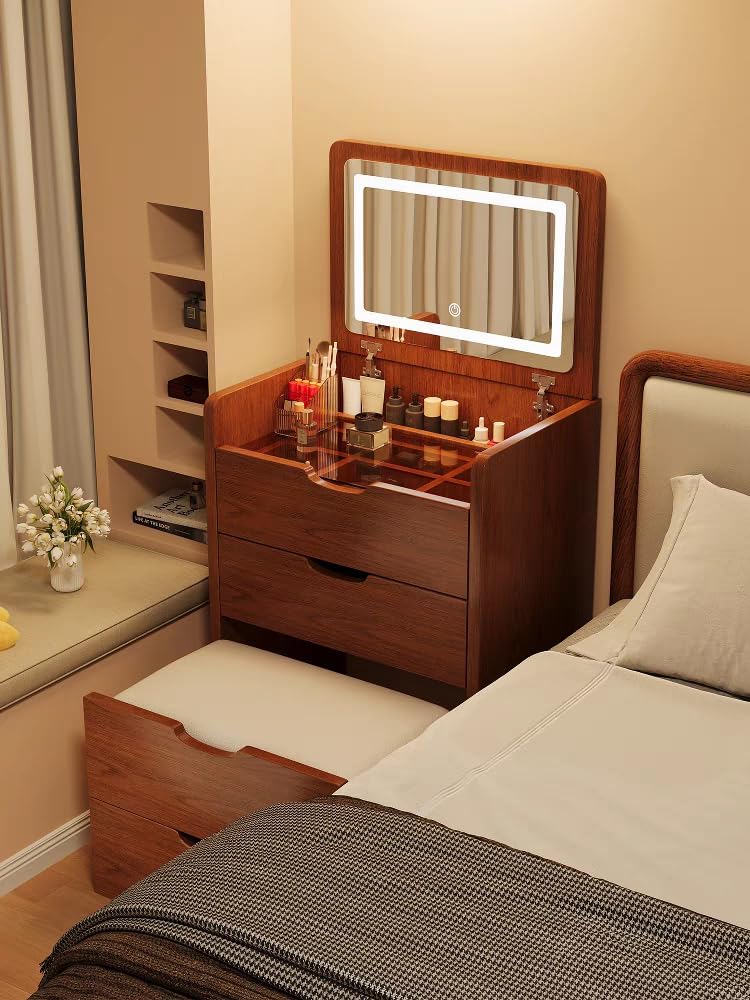 3 in 1 Vanity Desk with Plip Top Mirror and Lights, 23.6' Small Make Up Vanity Set with Visible Glass Desktop,Compact Makeup Vanity with 3 Drawers,Dressing Table for Bedroom,Walnut