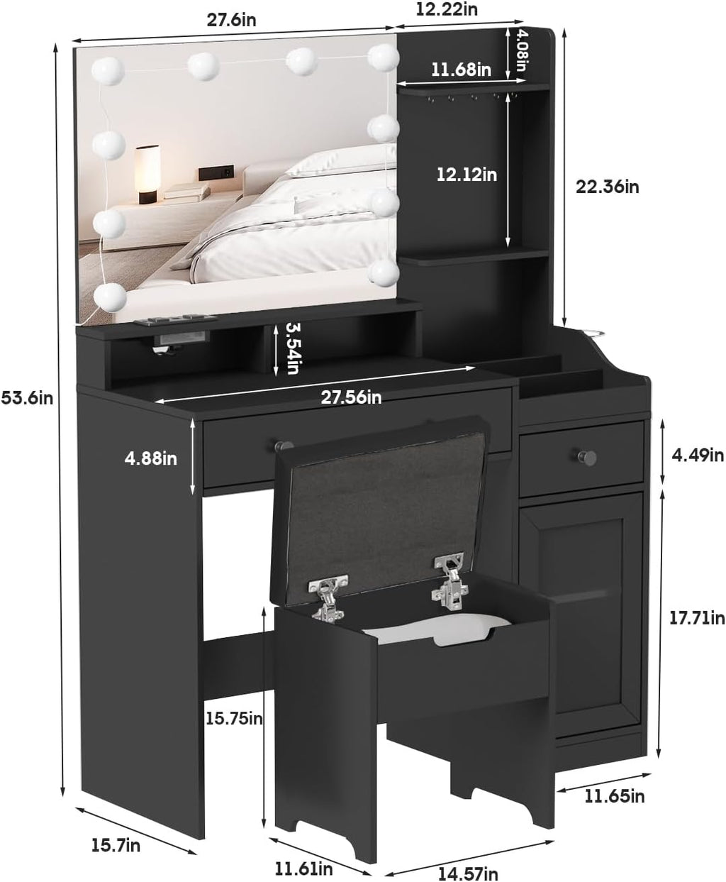 Vabches Vanity with Mirror and Lights,Makeup Vanity Table with Charging Station,Dressing Table with Stool & 3 Storage Compartments,3 Color Modes Available for Bedroom,Black