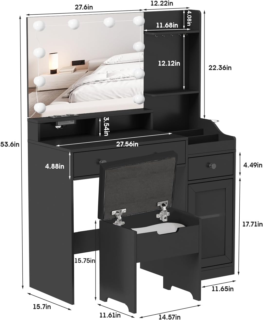 Vabches Vanity with Mirror and Lights,Makeup Vanity Table with Charging Station,Dressing Table with Stool & 3 Storage Compartments,3 Color Modes Available for Bedroom,Black