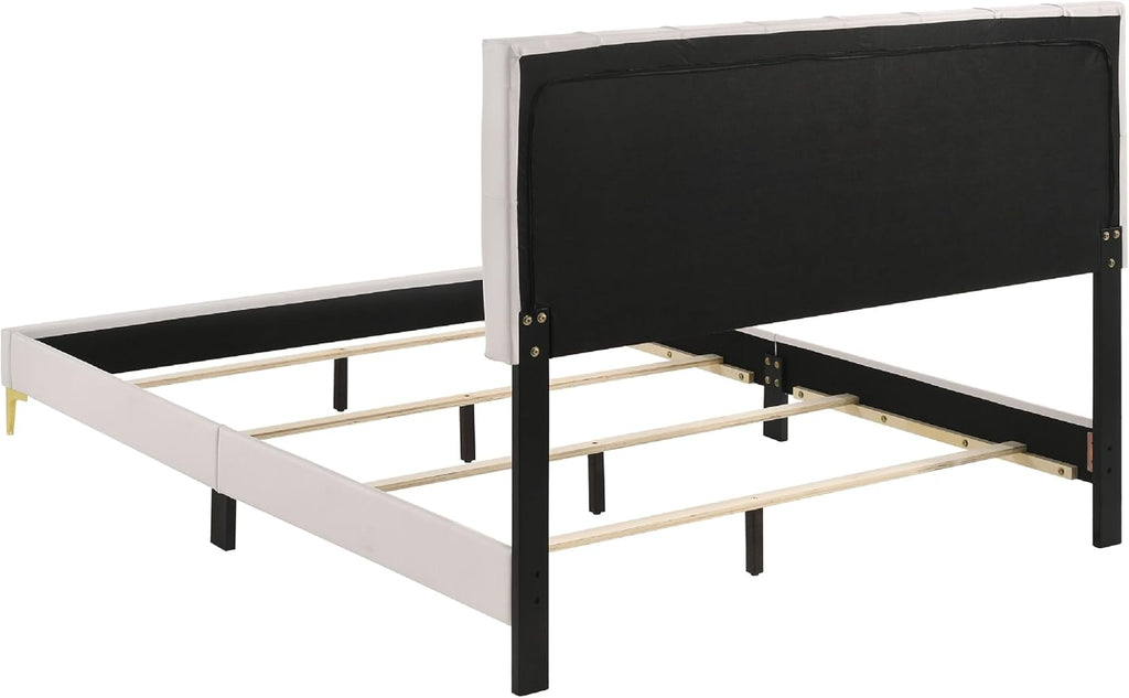 Benzara Dle 4 Piece Queen Bedroom Set, White Faux Leather, Modern Gold Accents