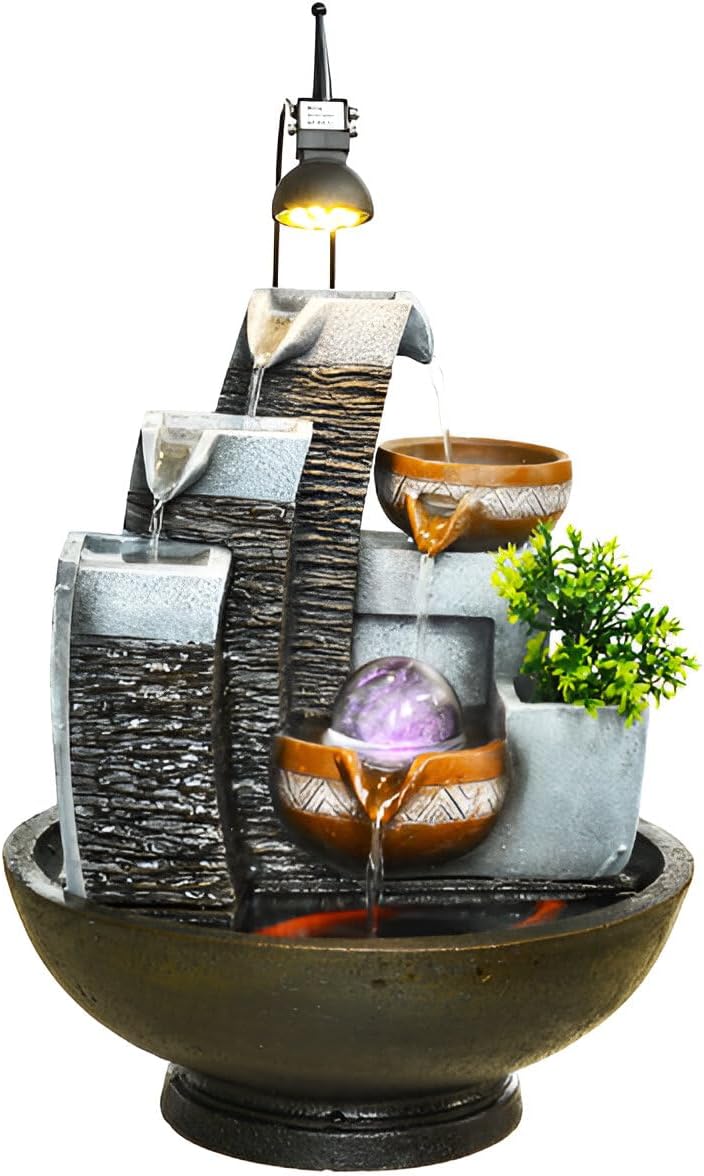 16.93' Indoor Tabletop Fountain with LED Fish Tank, Lighted Crystal Ball & Free 10 Natural Crystals – Water Feature for Home, Office, Entryway & Housewarming Gift (Style 2 + Spotlight)