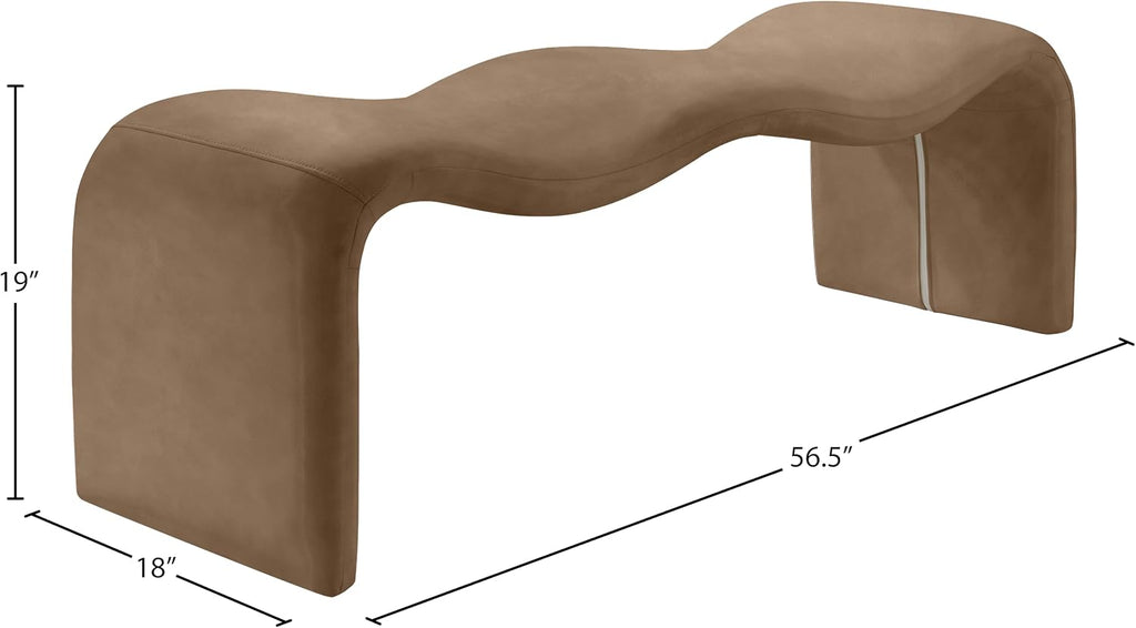 Meridian Furniture 22096Brown Willow Collection Modern | Contemporary Bench with Soft Brown Vegan Leather, Iron Metal Inner Frame, 56.5' W x 18' D x 19' H, Brown