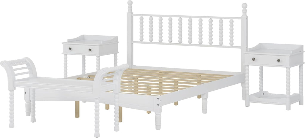 Retro Style 4-Pieces Bedroom Sets, Wood Queen Size Platform Bed with Gourd Shaped Headboard, 2 Storage Nightstand and Bench, Turned Legs Design (White-11.21)