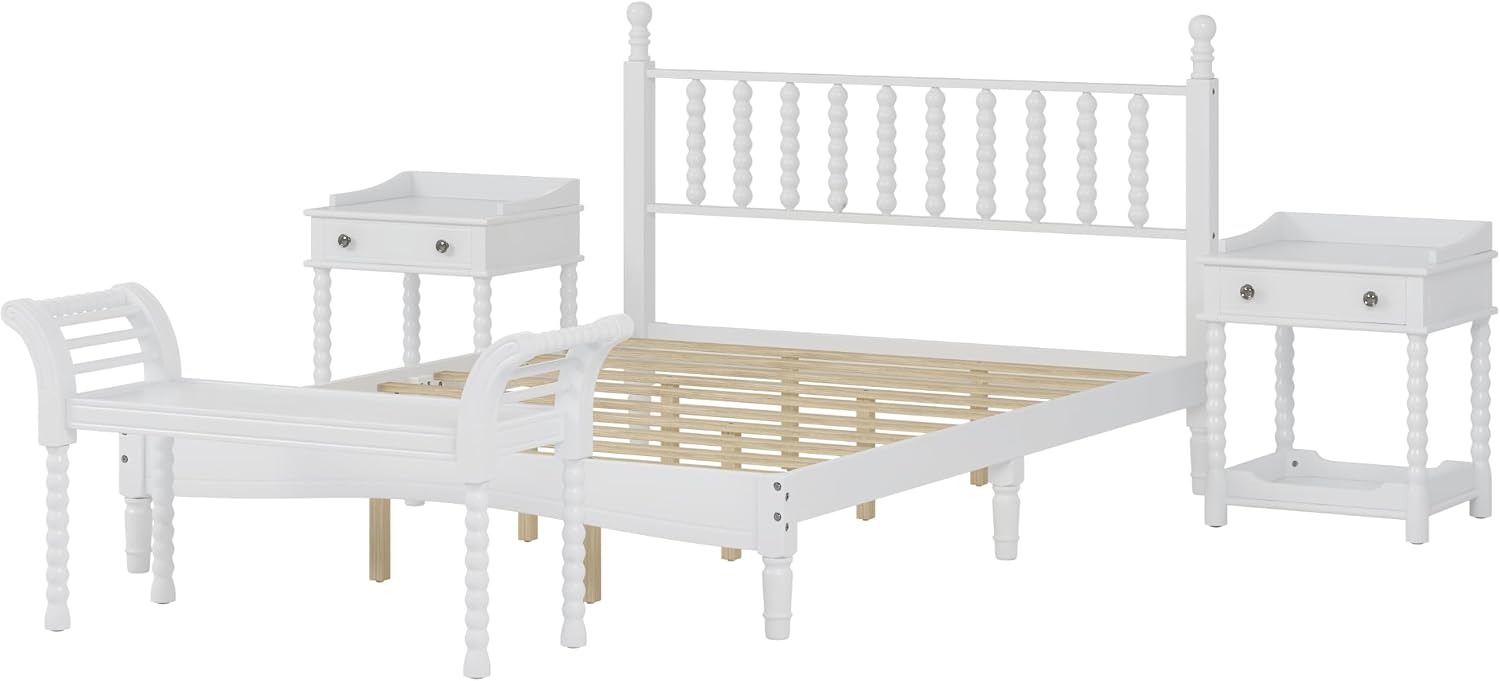Retro Style 4-Pieces Bedroom Sets, Wood Queen Size Platform Bed with Gourd Shaped Headboard, 2 Storage Nightstand and Bench, Turned Legs Design (White-11.21)