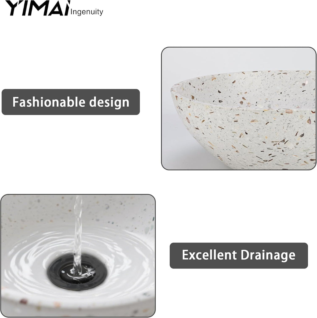YIMAI Terrazzo Vessel Sink with Faucet and Drain, 15.7' Round Concrete Bathroom Sink Above Counter, Modern Artisanal Wash Basin Bowl with Matte Finish, Easy Install Combo Set for Vanity