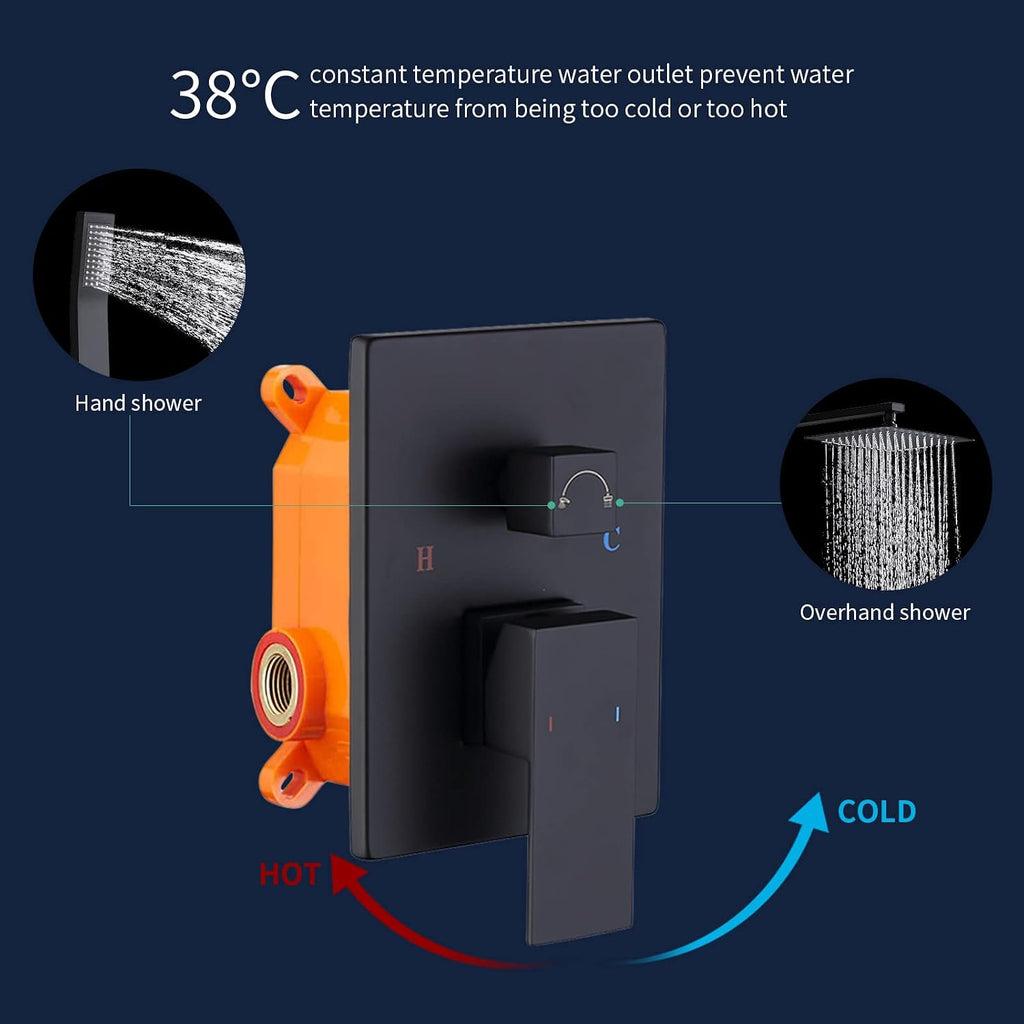 Shower System Shower Faucet Set with 10' Square Rainfall Shower Head and handheld shower faucet with Brass Valve Rough-In (Black)