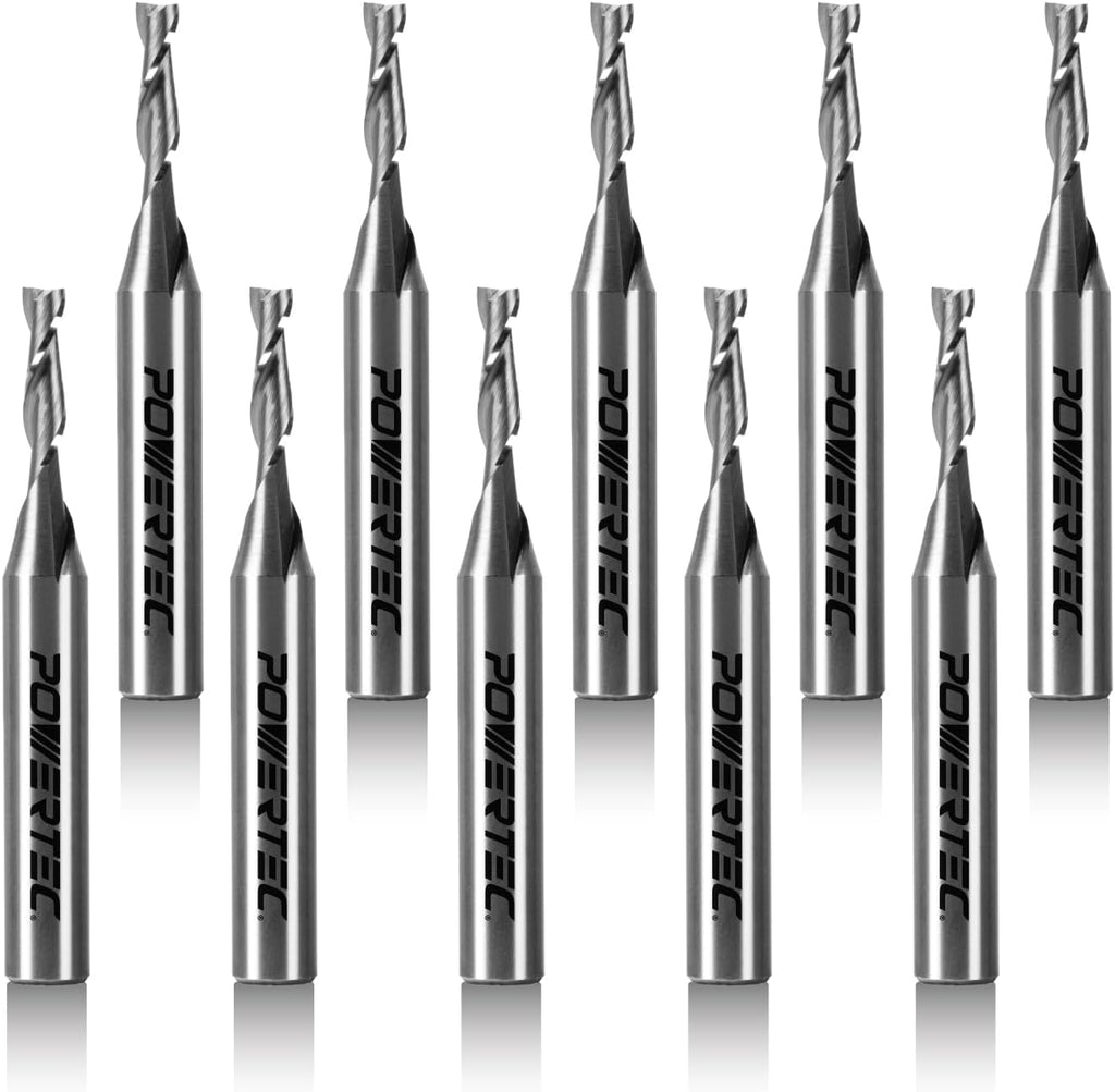 POWERTEC Tungsten Carbide Upcut Spiral Router Bit 10PK, 1/4' Shank, 1/8' Cutting Diameter, 1/2' Cutting Length, Carbide End Mill CNC Router Bits for Woodworking, Metal Cutting (73003-P10)