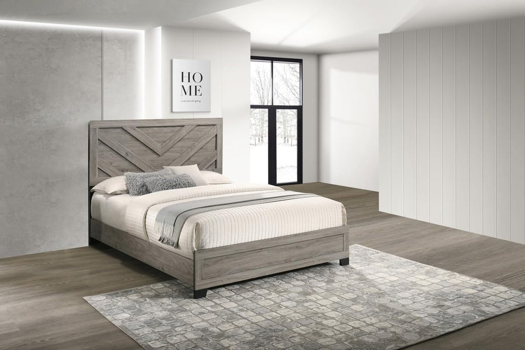 Furniture Rustic Charm Bed Frame with Chevron Panel Headboard
