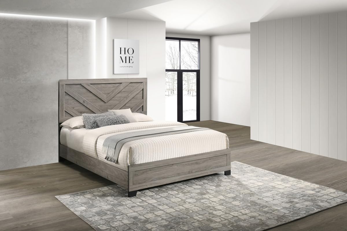 Furniture Rustic Charm Bed Frame with Chevron Panel Headboard