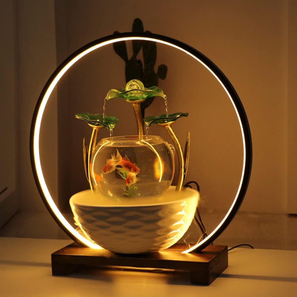 House Decorative Items Desktop Fountain Ceramic Water Fountain with Light Ring Living Room Desktop Water Ornaments Fish Tank Tabletop Waterfall Fountain,A