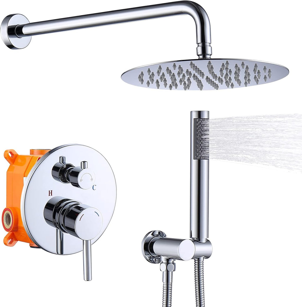 Rainfall Shower System with High Pressure 10 inch Head Hand Held Round Shower Head Bathroom Luxury Rain Mixer Shower Complete Combo Set Wall Mounted (Chrome)