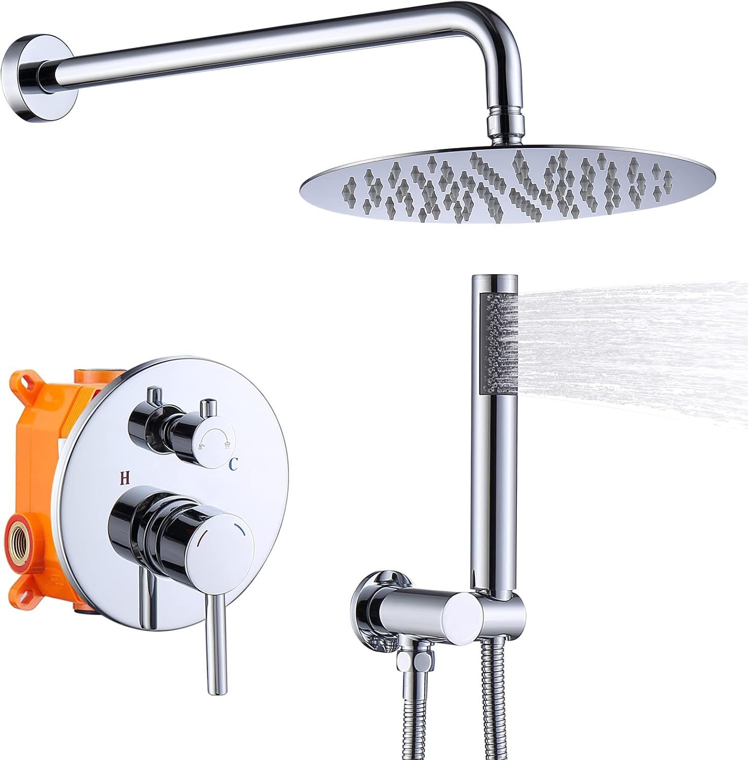 Rainfall Shower System with High Pressure 10 inch Head Hand Held Round Shower Head Bathroom Luxury Rain Mixer Shower Complete Combo Set Wall Mounted (Chrome)