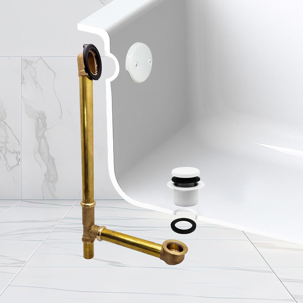 Westbrass A326-50 22-1/2' Brass Bath Waste & Overflow Assembly with Tip-Toe Drain Plug and 2-Hole Faceplate, Powder Coat White