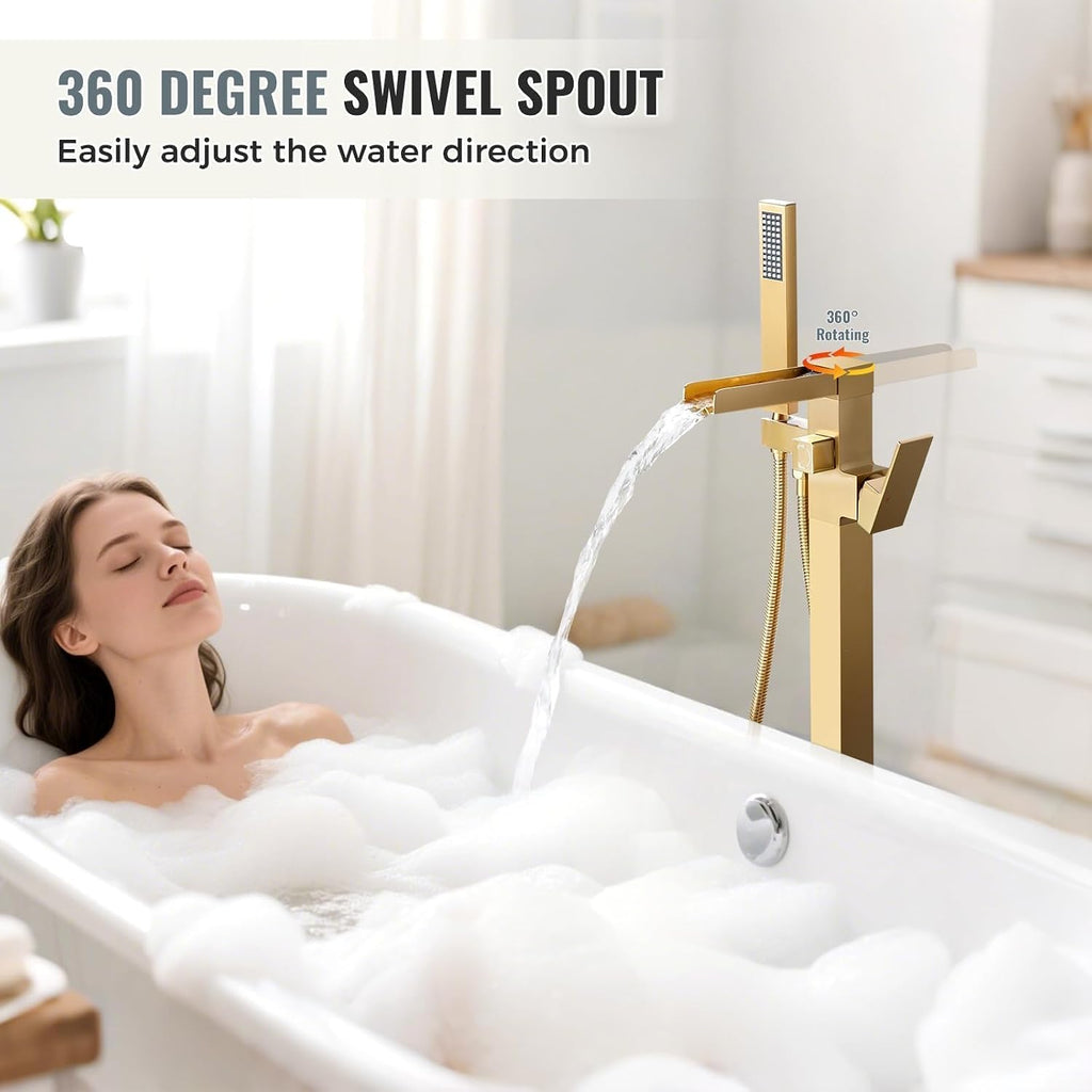 Freestanding Tub Faucet Brushed Gold: ALEASHA High Flow Max 6.74 GPM Free Standing Tub Filler - Brass Modern Floor Mount Bathtub Faucet with Handheld Shower, for the Ultimate Elegant SPA Experience