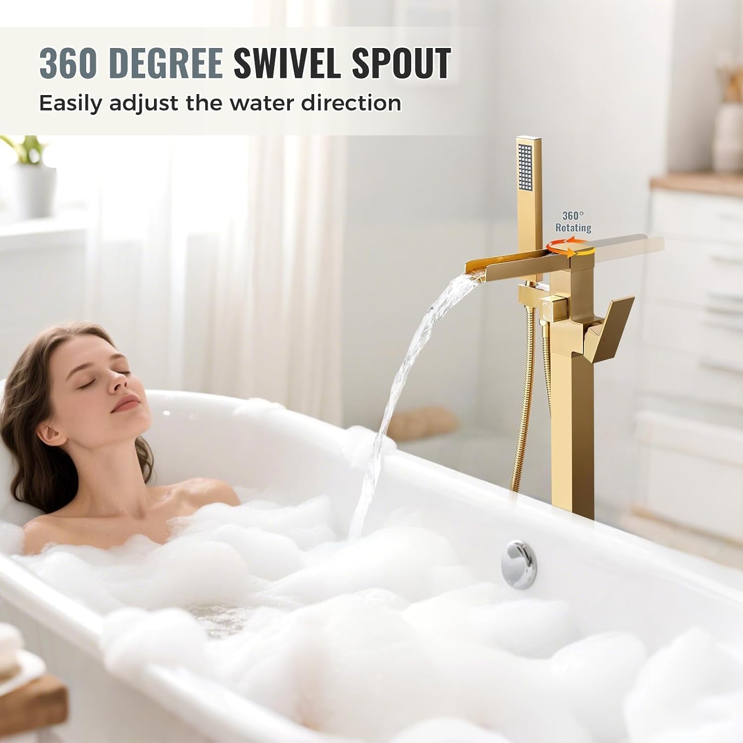Freestanding Tub Faucet Brushed Gold: ALEASHA High Flow Max 6.74 GPM Free Standing Tub Filler - Brass Modern Floor Mount Bathtub Faucet with Handheld Shower, for the Ultimate Elegant SPA Experience