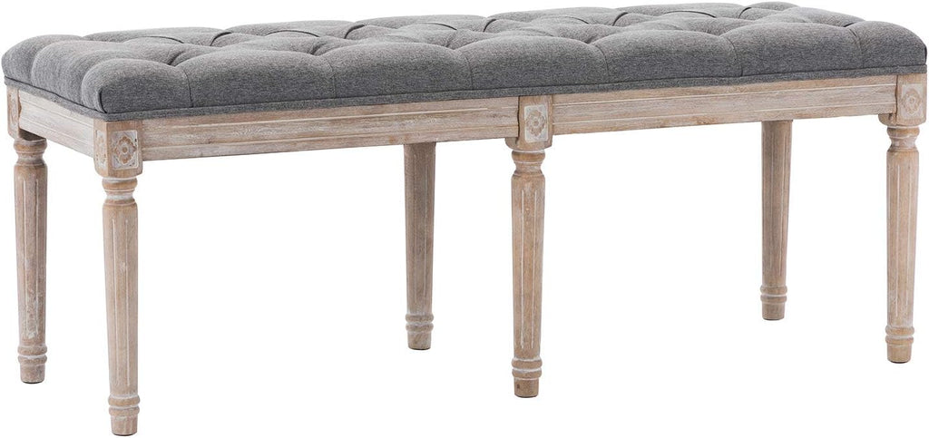 Kmax 45' Upholstered Dining Room Bench, Rustic Living Room Ottoman Bench with Carved Pattern & Rustic White Brushed Rubber Wood Legs, Gray