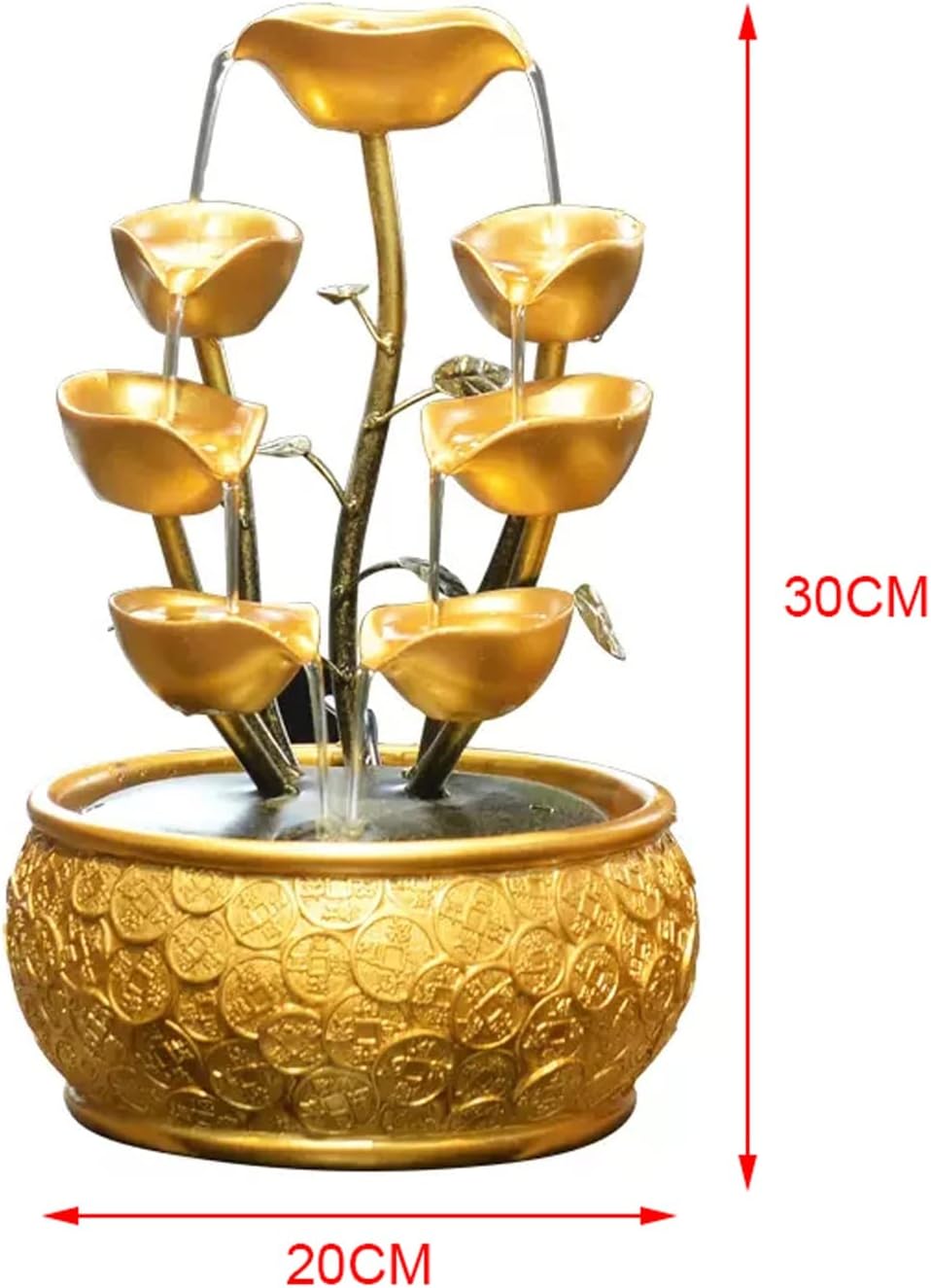 Tabletop Fountain Tabletop Fountain Creative Gold Leaf Flowing Water with Chinese Coin Pattern Decorative Base and Pump Desk Home Office Decor (Golden)(Small)