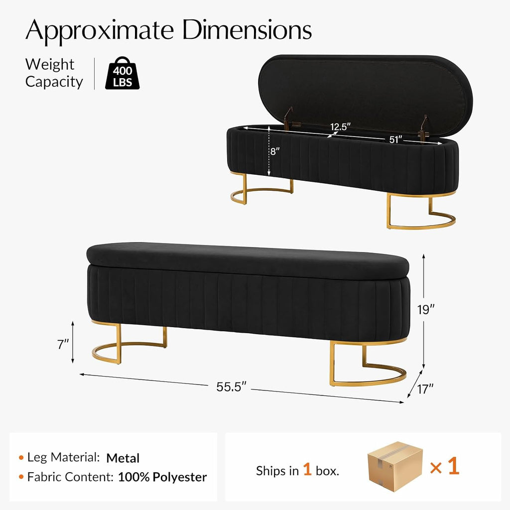 55.5' Velvet Upholstered Storage Bench with Channel Tufted Seat and Metal Legs, Multi-Functional Ottoman with Interior Organizer Pockets for Bedroom and Entryway, Flipping Lid Large Window Bench