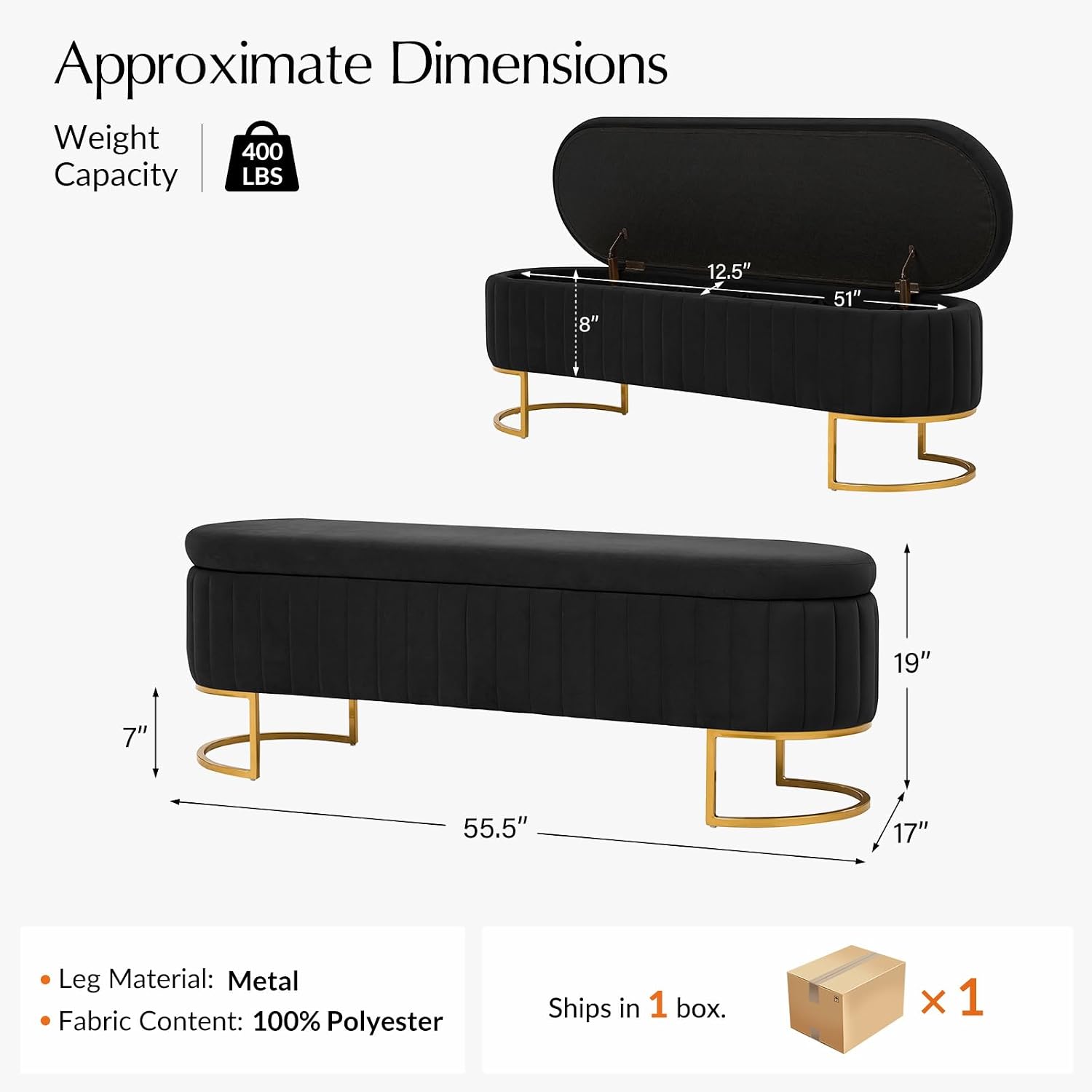 55.5' Velvet Upholstered Storage Bench with Channel Tufted Seat and Metal Legs, Multi-Functional Ottoman with Interior Organizer Pockets for Bedroom and Entryway, Flipping Lid Large Window Bench