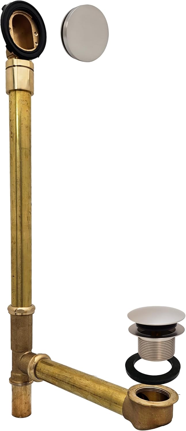 Westbrass A326HBJ-20 25' Brass Bath Waste & Overflow Assembly with European Tip-Toe Drain Plug and Illusionary Faceplate, Stainless Steel